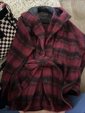 Coach Women's Burgundy & Black Plaid Hooded Belted Cape Coat